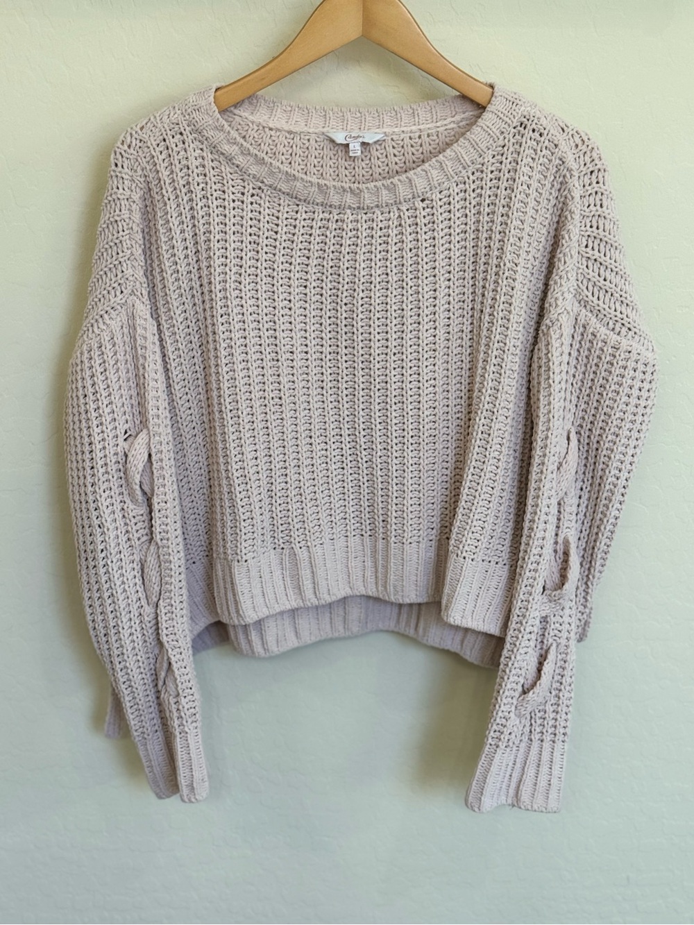 Candie's Pale Pink Criss Cross Side Sleeve Chenille Knit Sweater Large